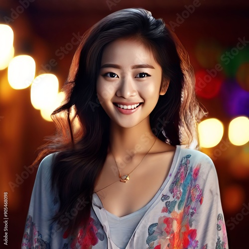 pretty asian lady with a glowing face and a bright smile radiati photo