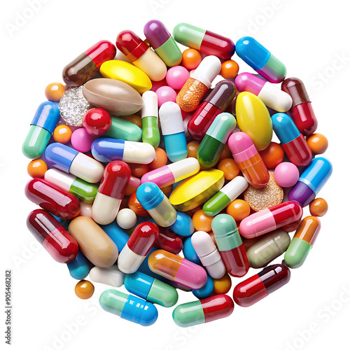 Many capsules and tablets on a transparent background.