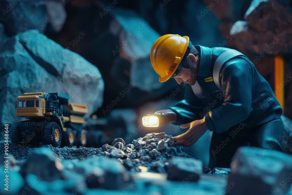 Construction Worker Examining Rocks with Flashlight