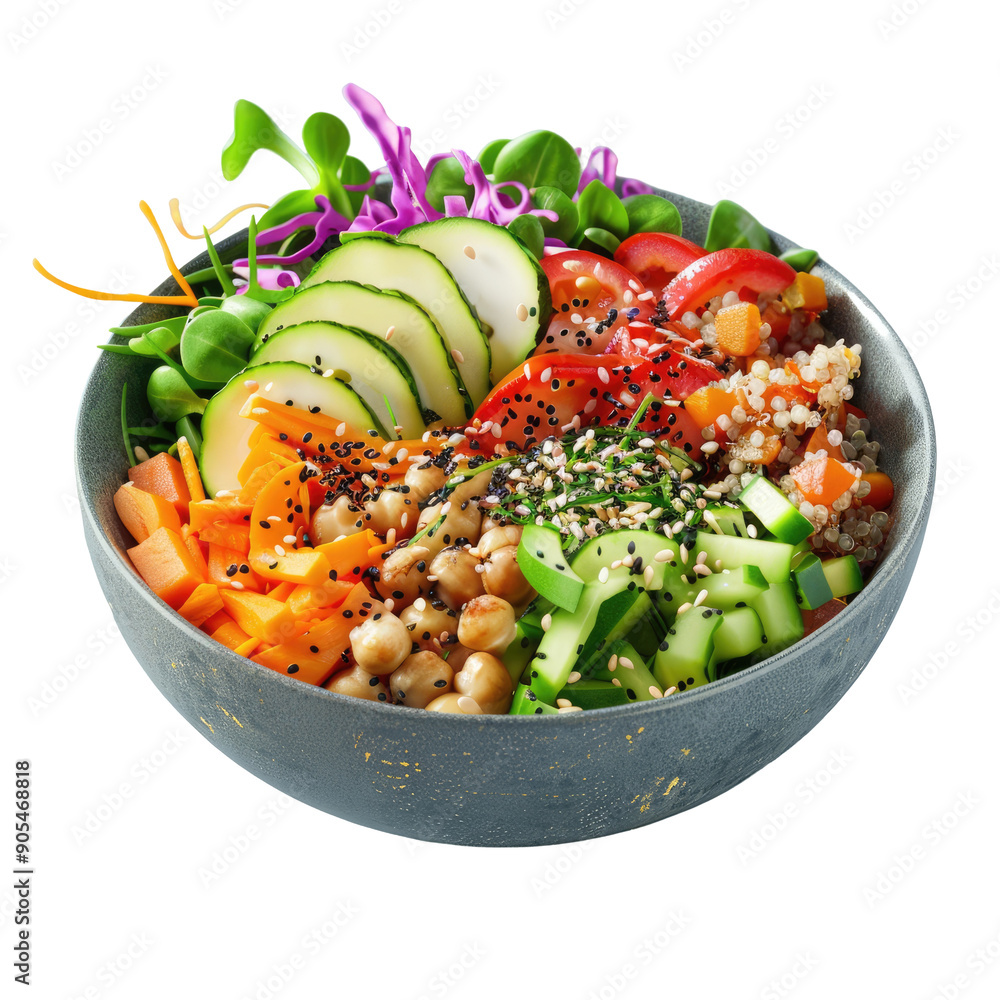 Plant-based Buddha bowl featuring a variety of raw vegetables and quinoa on a transparent background. Plant-based Buddha bowl featuring a variety of raw vegetables and quinoa on a transparent background.