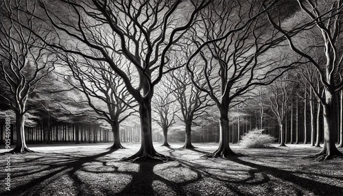 A stunning black and white photograph of a forest with bare trees