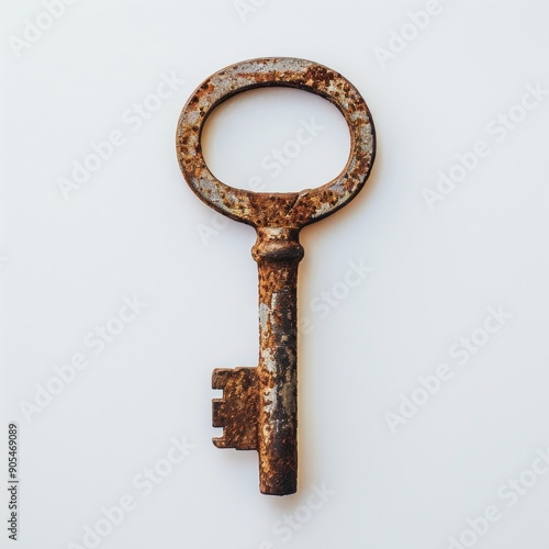 Medium shot of old key, isolated on a white background, bright and vivid tonality 