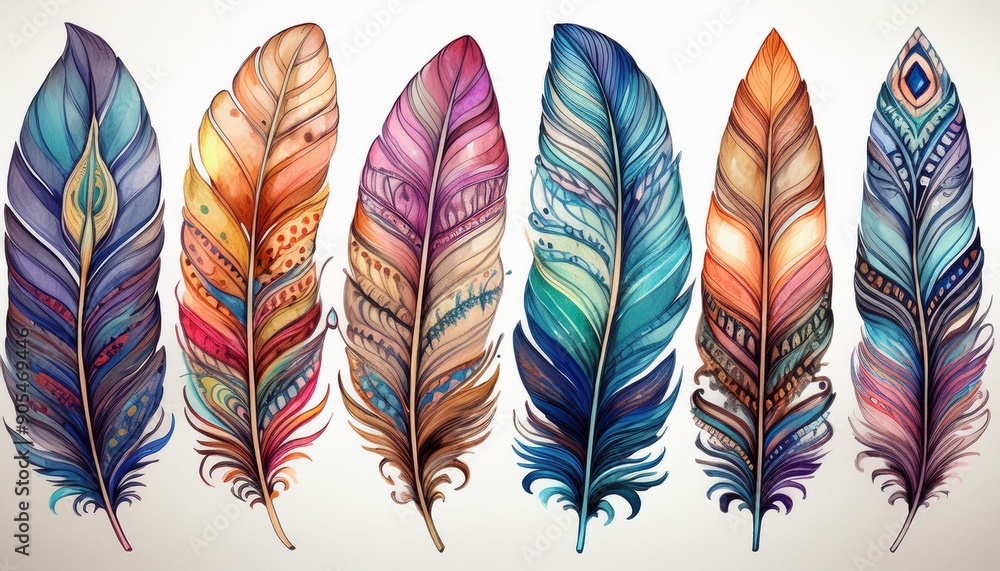 Boho Detailed Watercolor Feather Sets Boho Detailed Watercolor Feather Sets