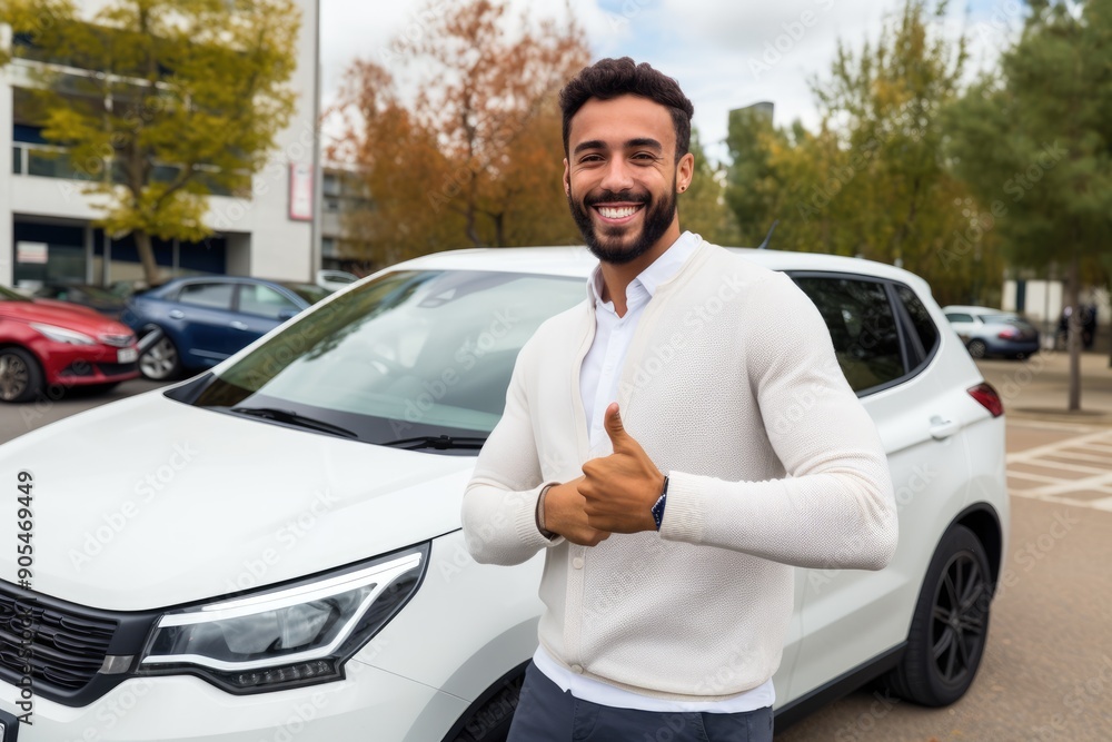 Young man smiling and giving thumbs up next to white car outdoors Young man smiling and giving thumbs up next to white car outdoors
