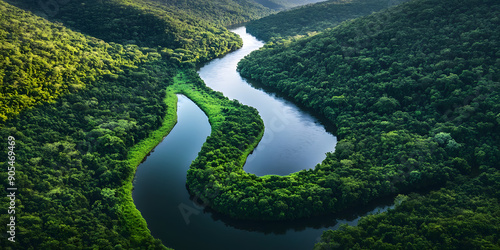 Calm river winding through a lush green valley