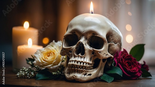 A skull with flowers on it and a candle in the background