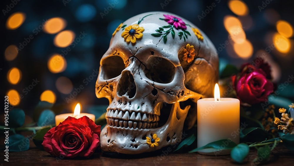 A skull with flowers on it and a candle in the background A skull with flowers on it and a candle in the background