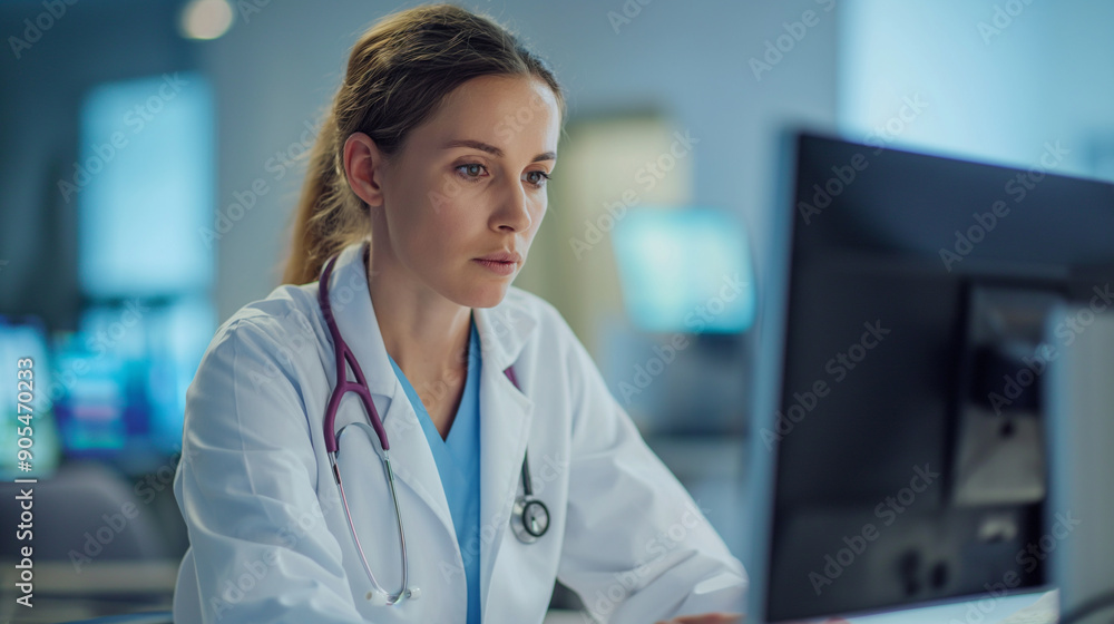 Concentrated Female Doctor Reviewing Patient Data on Computer in Hospital Concentrated Female Doctor Reviewing Patient Data on Computer in Hospital