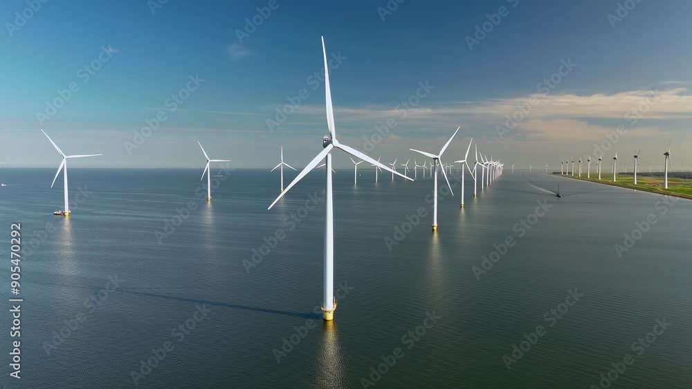 This aerial view showcases windmill turbines in the serene waters of the Netherlands, highlighting the beauty and efficiency of renewable energy essential for a sustainable future This aerial view showcases windmill turbines in the serene waters of the Netherlands, highlighting the beauty and efficiency of renewable energy essential for a sustainable future