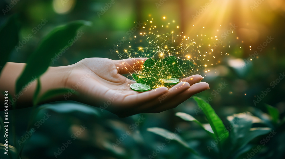 Fototapeta premium Hand Holding Digital Plant with Eco-Friendly Technology