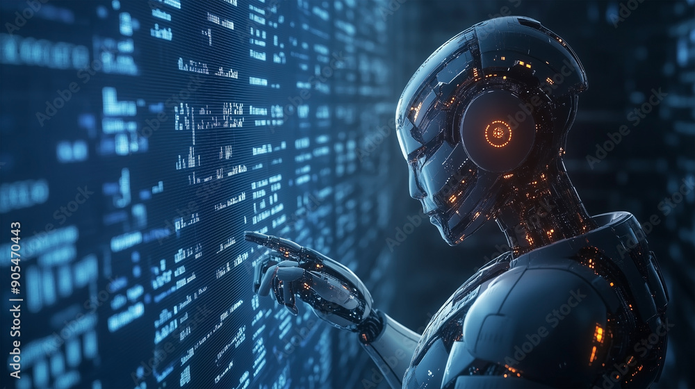 Fototapeta premium Advanced AI Robot Analyzing Data on Digital Interface