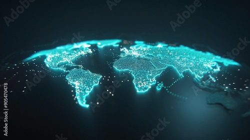 Glowing blue world map with city lights on a dark background. #905470478