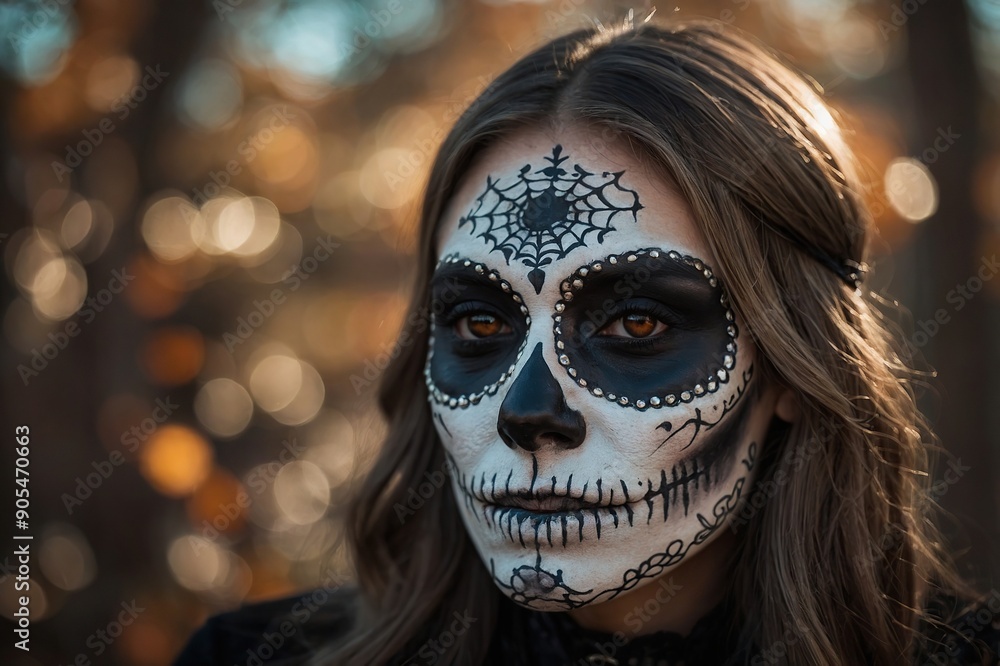 A woman with skull make up on Halloween day A woman with skull make up on Halloween day