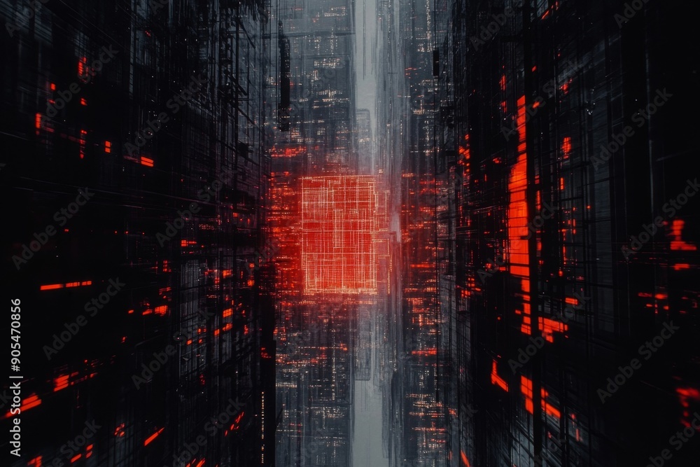 Naklejka premium Cyberpunk cityscape with digital red matrix symbolizing a high-tech dystopian world.
