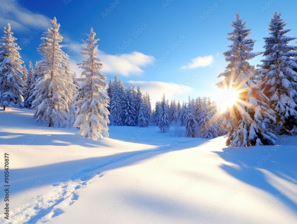Fototapeta premium Snow covered pine trees in winter forest with sunburst through branches