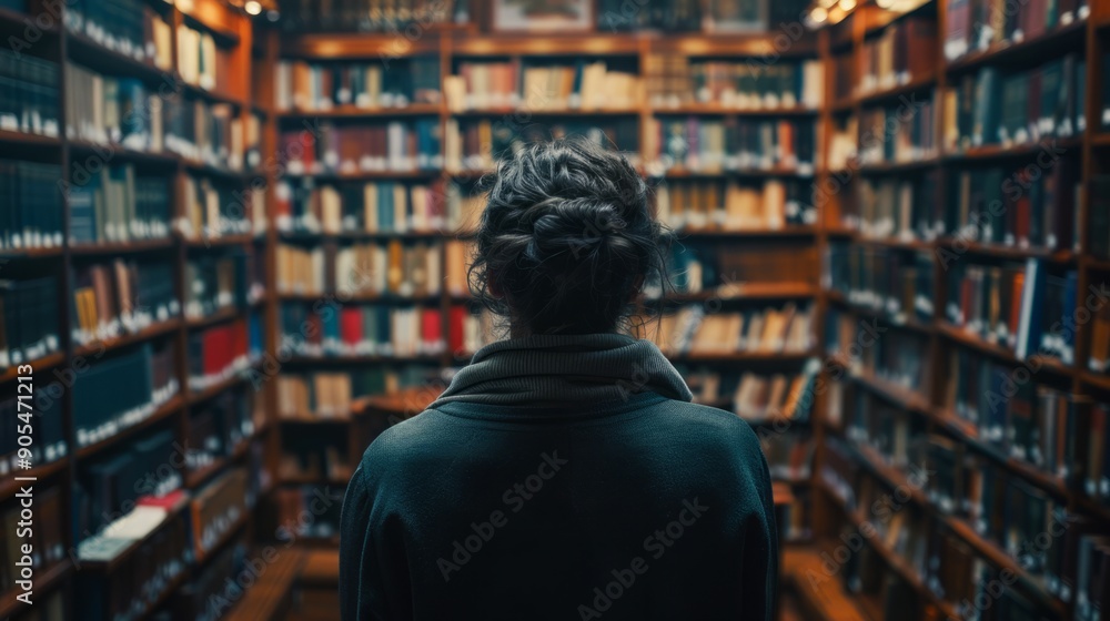 Writer in the background of a library generative ai Writer in the background of a library generative ai