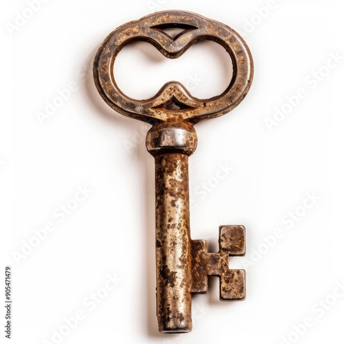 Medium shot of old key, isolated on a white background, bright and vivid tonality 