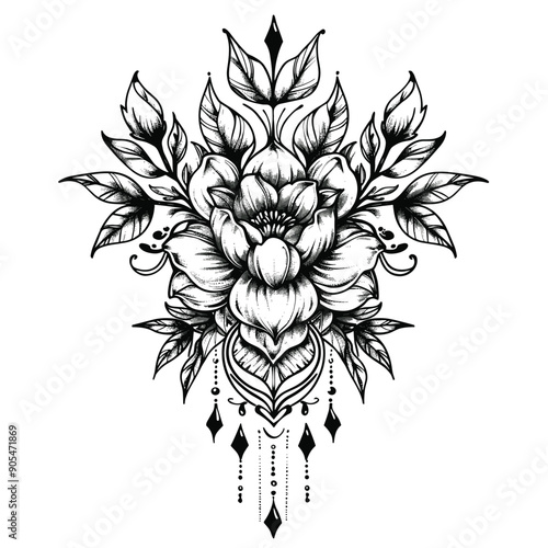 A black and white flower drawing with a lot of detail. The flower is surrounded by leaves and has a dainty look to it