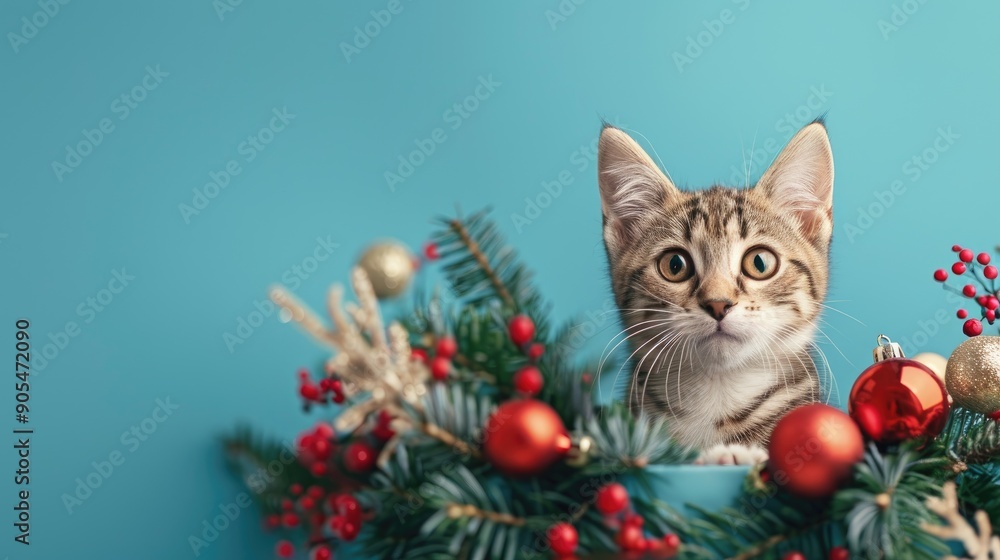Festive kitty with Christmas decorations Blue backdrop room for text Festive kitty with Christmas decorations Blue backdrop room for text