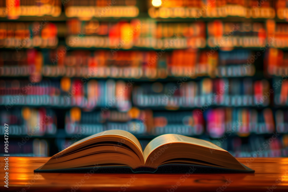 An Open Book on a Wooden Table in a Library with Shelves Filled with Colorful, Blurred Books in the Background An Open Book on a Wooden Table in a Library with Shelves Filled with Colorful, Blurred Books in the Background