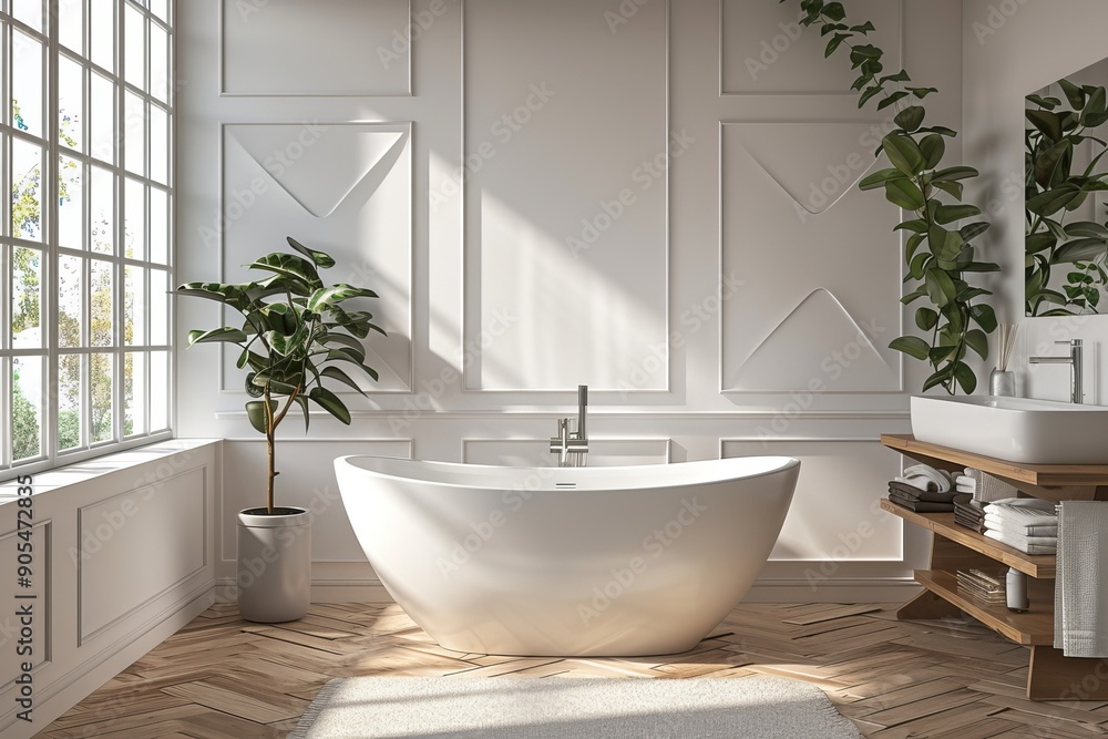 Modern bathroom interior with beige and white walls, shower area, basin with mirror, shelf and grey concrete floor, Generative AI Modern bathroom interior with beige and white walls, shower area, basin with mirror, shelf and grey concrete floor, Generative AI
