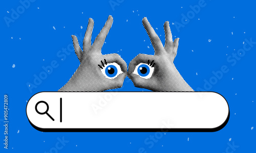 Modern collage with halftone hands, eyes and search box. Person looking for information in the search bar. Concept of searching, looking, finding opportunities and knowledge in internet. SEO concept