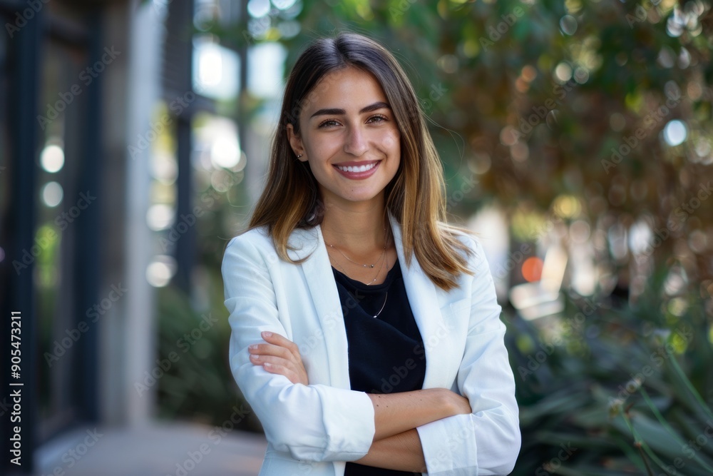 beautiful smiling businesswoman near a business house and looking at the camera beautiful smiling businesswoman near a business house and looking at the camera