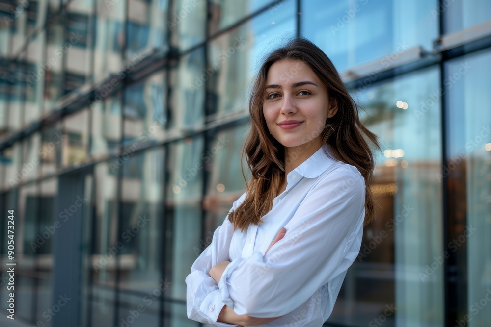 beautiful smiling businesswoman near a business house and looking at the camera beautiful smiling businesswoman near a business house and looking at the camera
