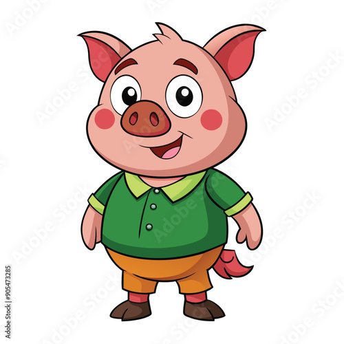 Cartoon Pig Wearing Green Polo Shirt and Orange Shorts