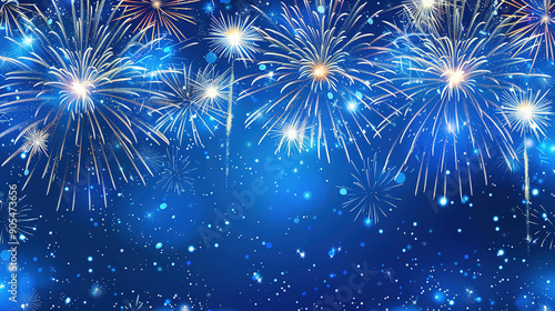 Colorful fireworks background illustration blooming in the blue night sky against a blue background