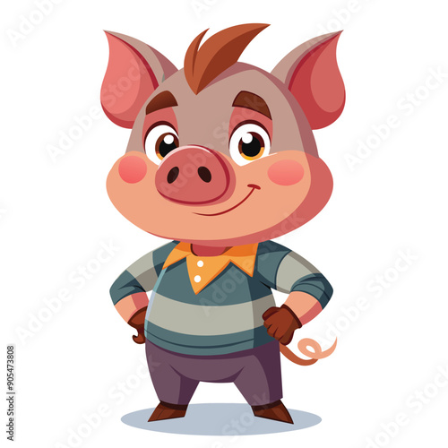 Smiling Cartoon Pig Wearing Striped Shirt and Brown Boots