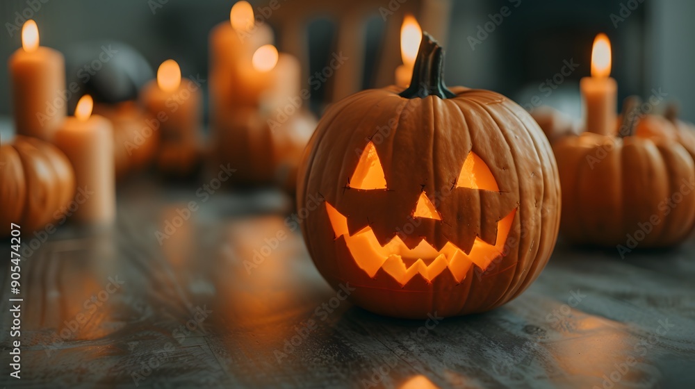 Two pumpkins with scary faces lit up on a table Two pumpkins with scary faces lit up on a table