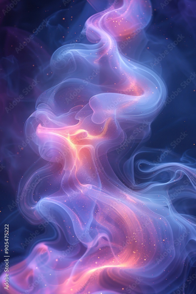 Wavy, glowing smoke in shades of pink, purple, and blue against a dark background