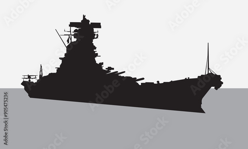 
Silhouette of a warship on a white background. Vector illustration of a World War II battleship to design your illustrations in military style