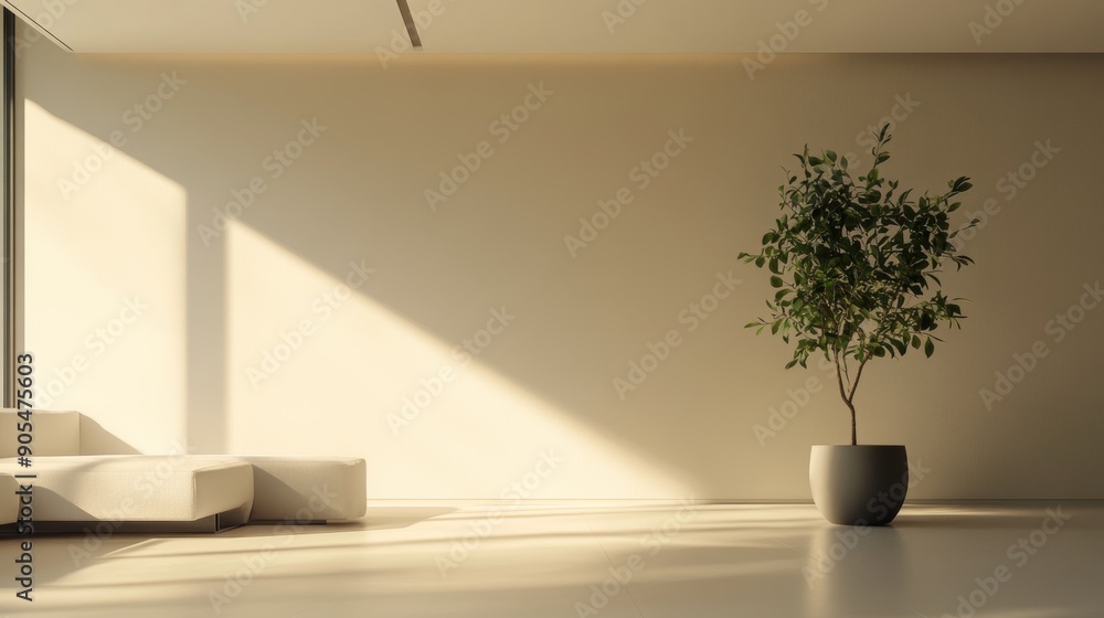 Fototapeta premium Hyper-realistic minimalist living room, soft natural light, single potted plant, clean lines