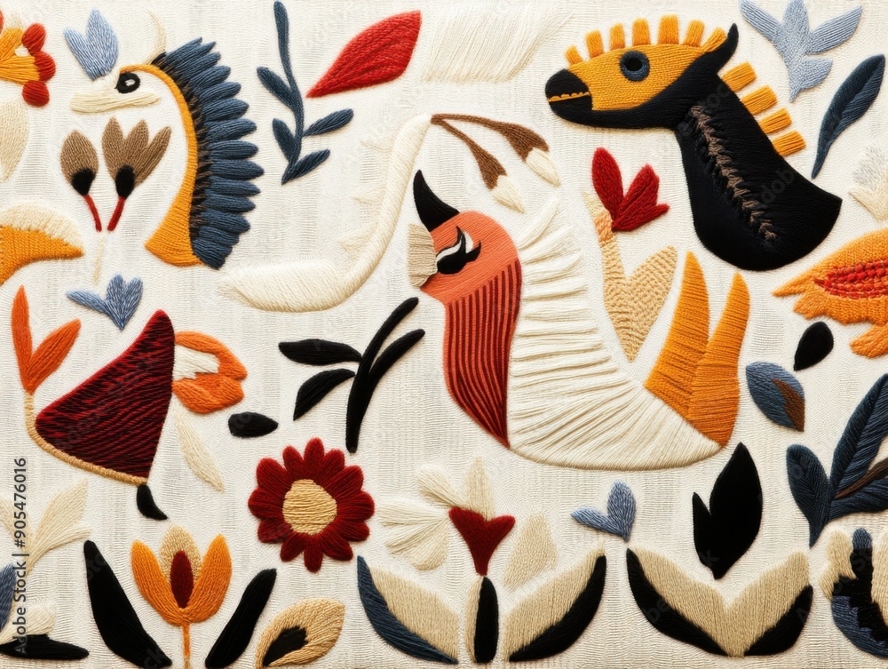 Obraz premium Embroidered fabric with animal and floral motifs
