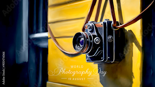 19 August World Photography Day Celebration, a camera is capturing on yellow background, nice and vintage. photo