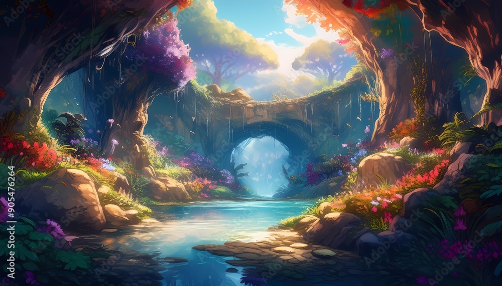 Obraz premium Vibrant forest with a hidden grotto at noon, lively and enchanting