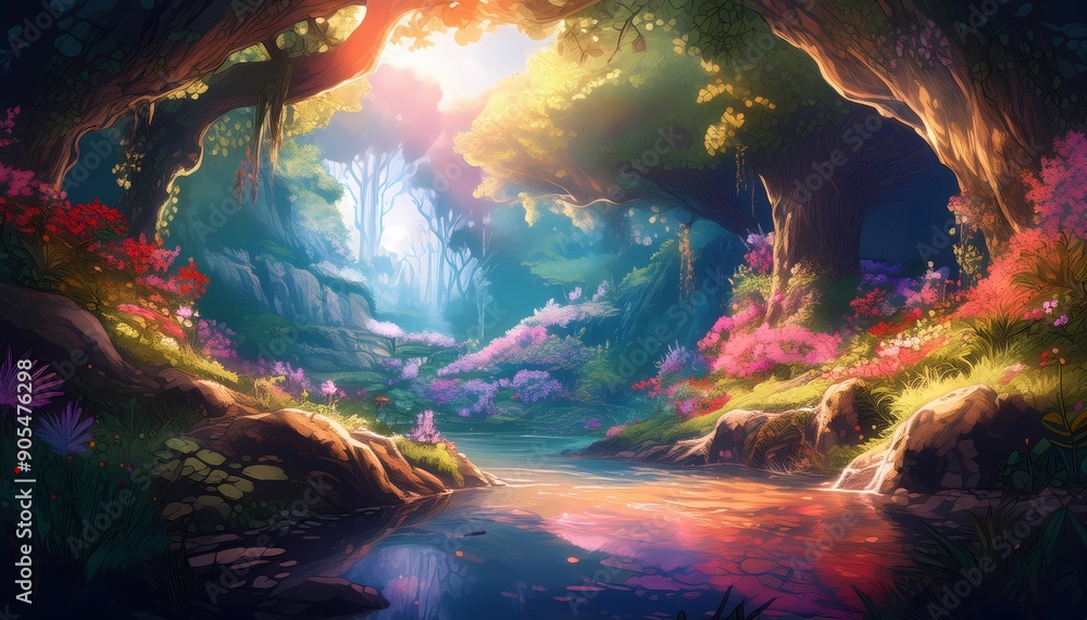 Fototapeta premium Vibrant forest with a hidden grotto at noon, lively and enchanting