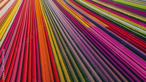 Crystal-clear aerial image of a colorful tulip field, geometric patterns, Netherlands