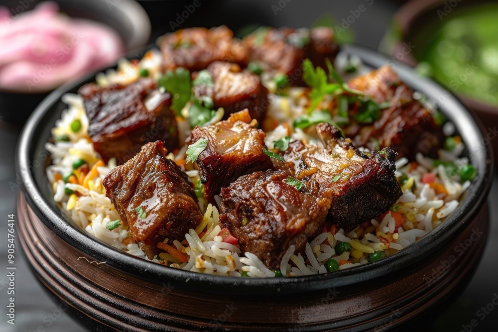 Close-up of a bowl of rice with meat, vegetables, and herbs Close-up of a bowl of rice with meat, vegetables, and herbs