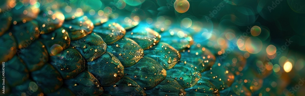 Obraz premium Teal fish scales with golden highlights and water droplets