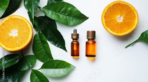 Vitamic C with orange slices and eucalyptus leaves photo