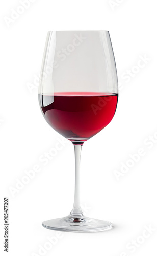 A wine glass is filled with red wine on white or transparent background