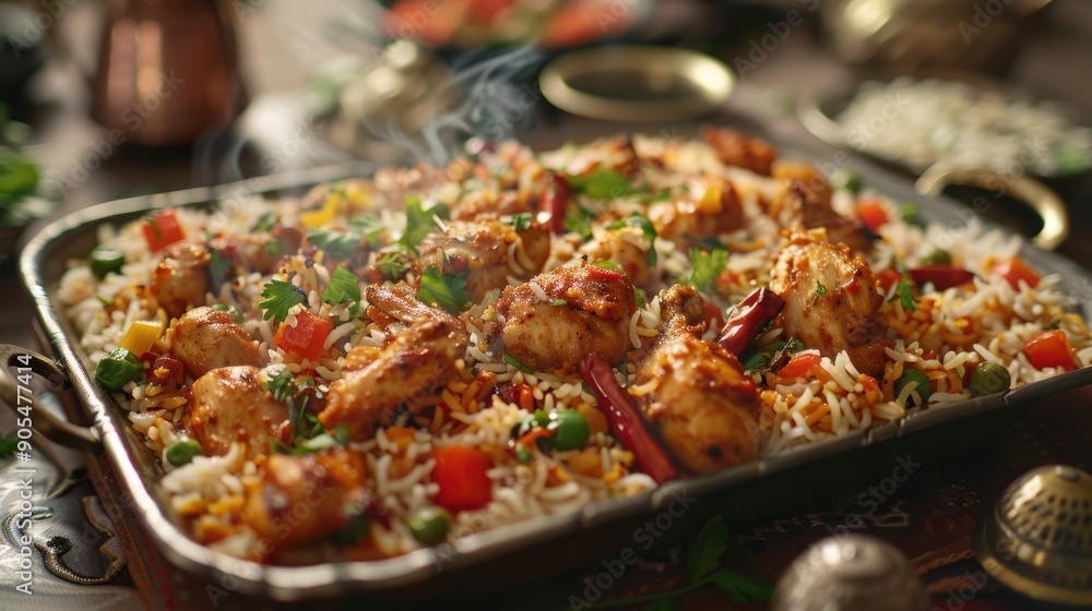 Steaming Chicken and Rice Dish with Red Peppers and Parsley Steaming Chicken and Rice Dish with Red Peppers and Parsley