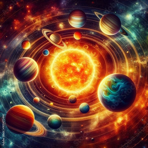 Colorful Illustration of Solar System Planets Orbiting the Sun in Outer Space
