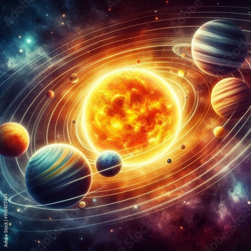 Colorful Illustration of Solar System Planets Orbiting the Sun in Outer Space
