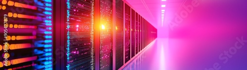 Vibrant server room with illuminated racks displaying high-tech data storage equipment and a colorful ambiance.
