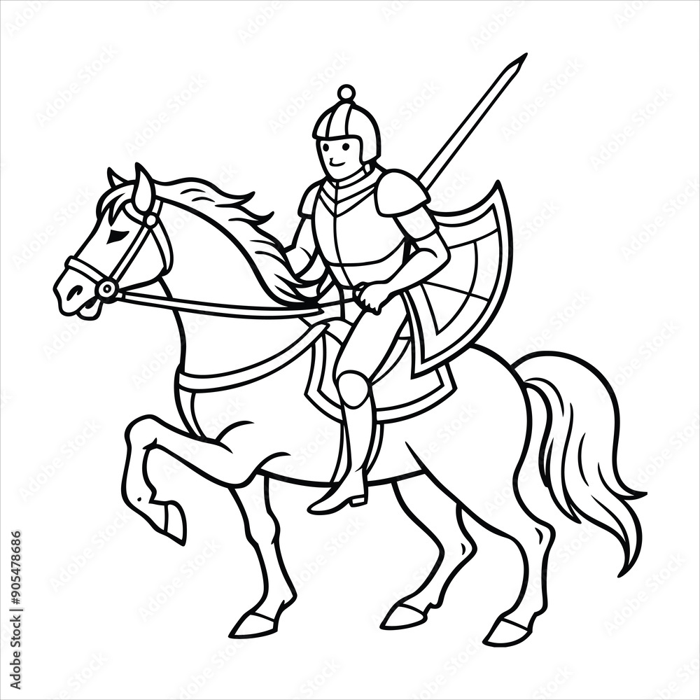 A brave knight riding a majestic steed into battle line art vector A brave knight riding a majestic steed into battle line art vector