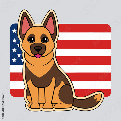 A german Shepherd in a realistic style  with a US flag